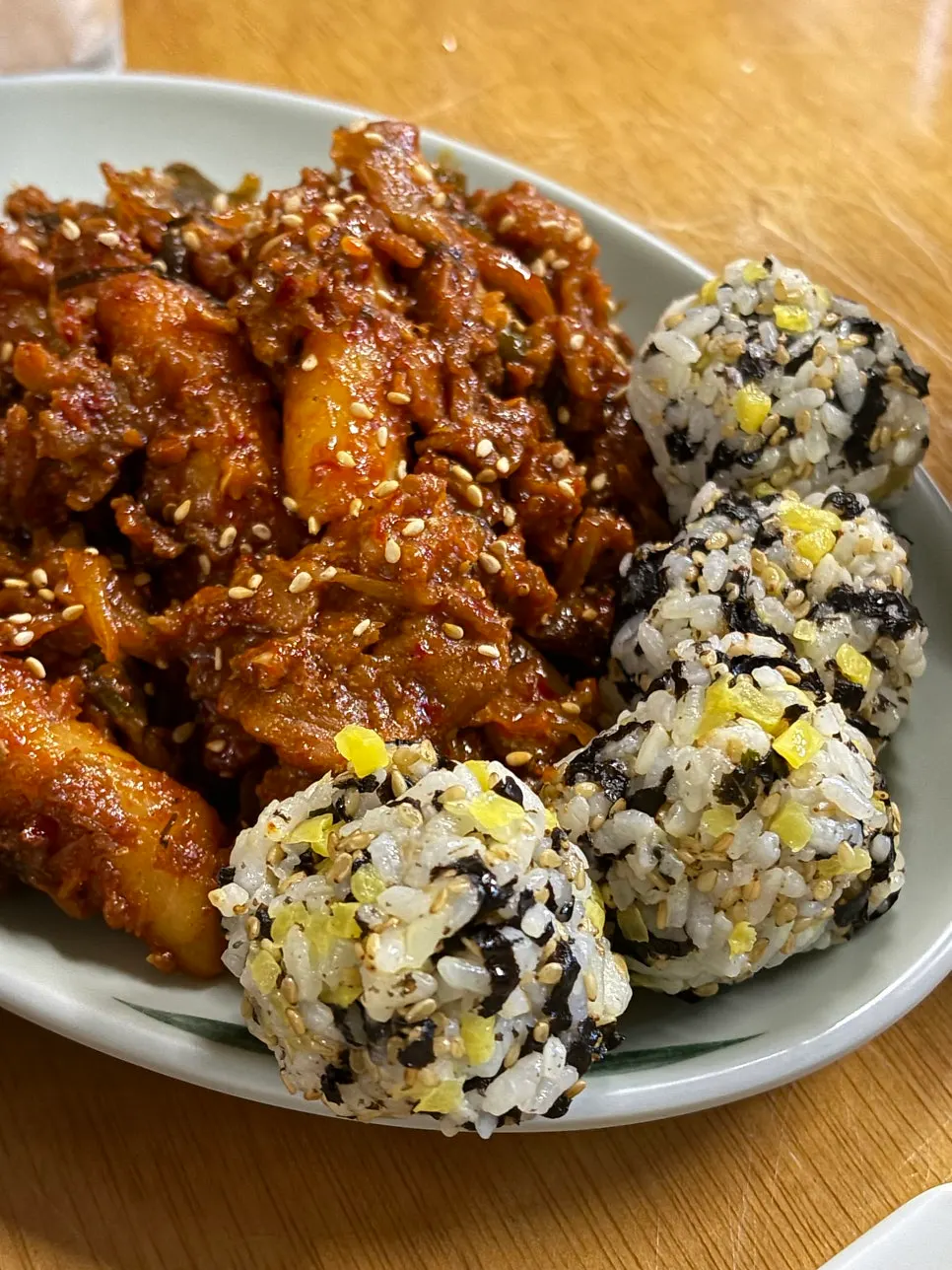 Spicy pork and seaweed rice balls