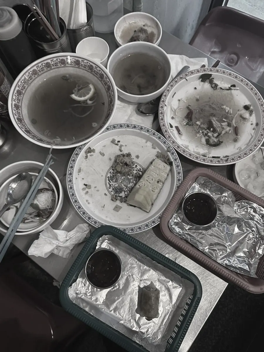 A generous Vietnamese food spread eaten by two people