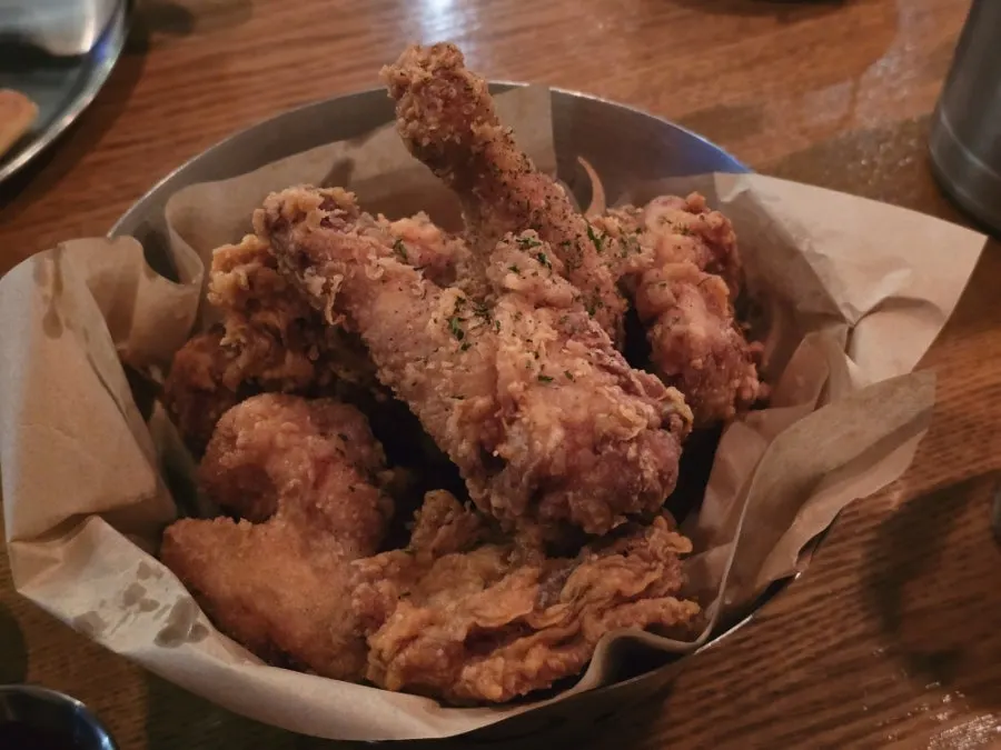 A whole crispy fried chicken from Weizenhaus