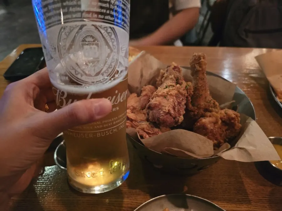 Budweiser Zero non-alcoholic beer ordered alongside the chicken