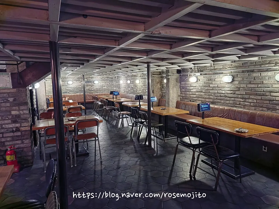 Pub seating with brick interior