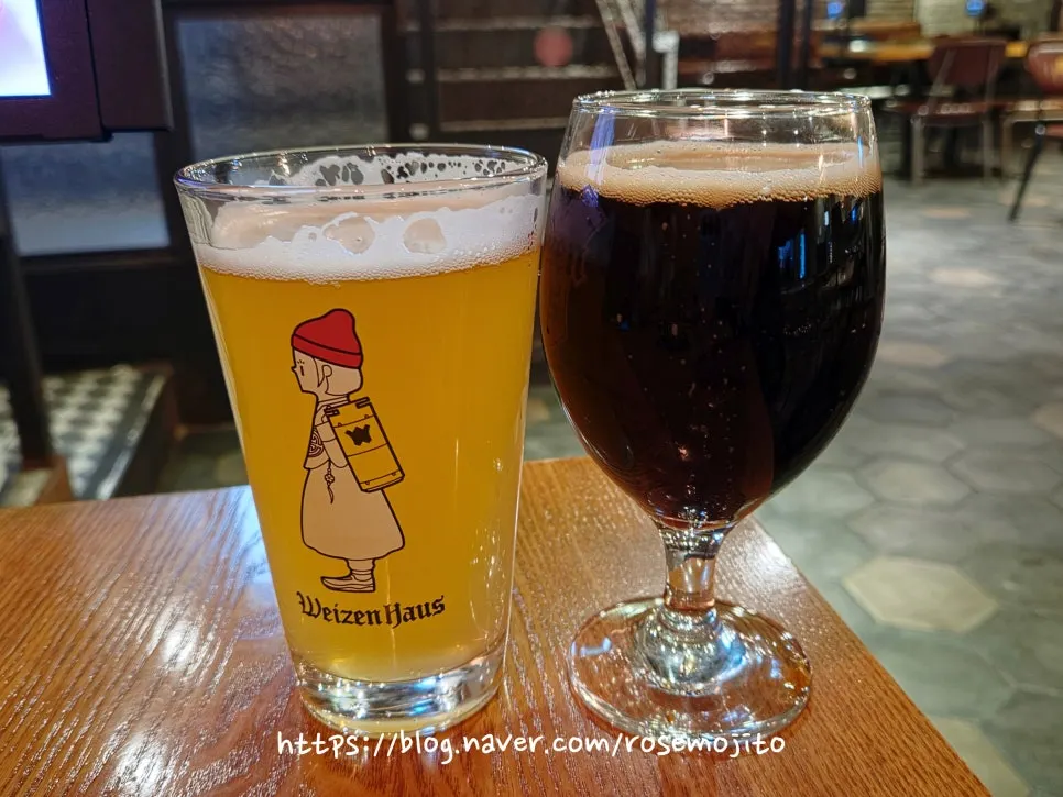 Two glasses of Weiss cloud wheat ale and Harry Potter dark ale