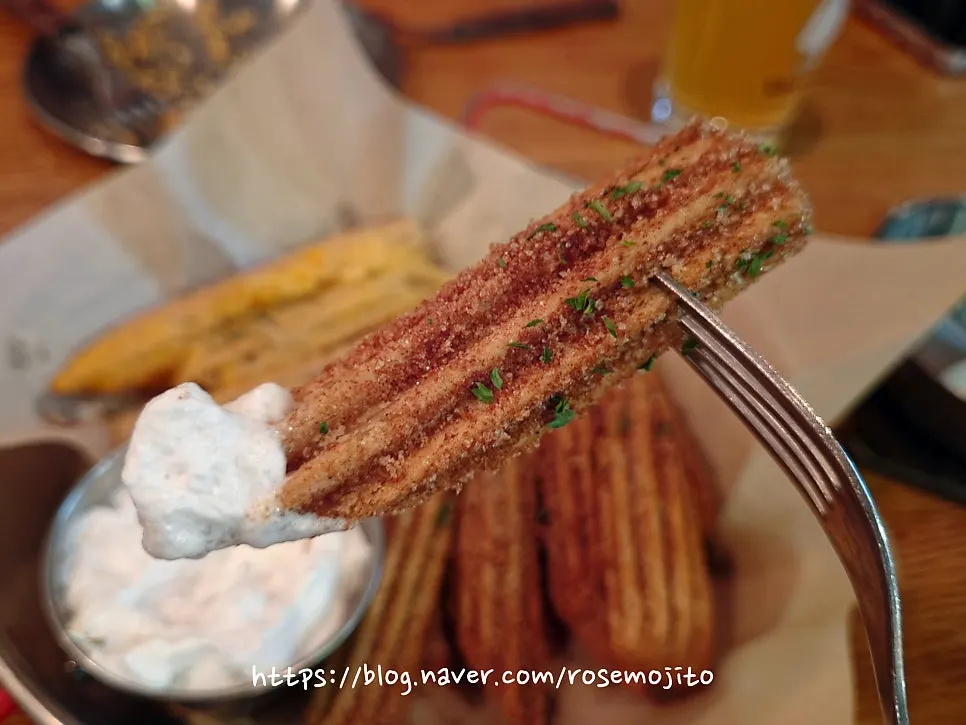 Cross-section of a crispy-outside, soft-inside churro