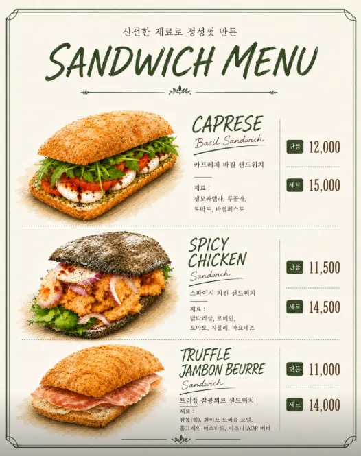 수제 샌드위치 단품·세트 메뉴 안내