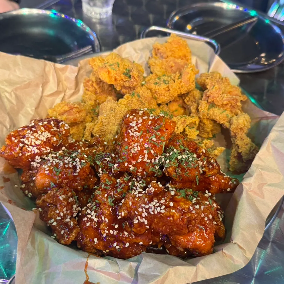 A full plate of Angry Bird half fried, half red chicken