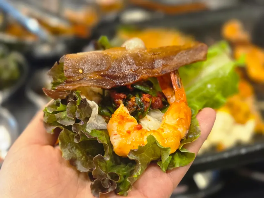Lettuce wrap with naengsam and grilled scallion kimchi