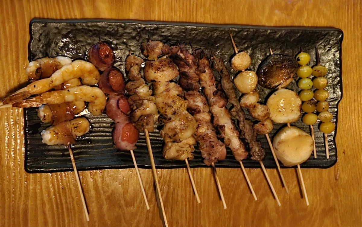 Assorted skewers with ginkgo nuts and shrimp