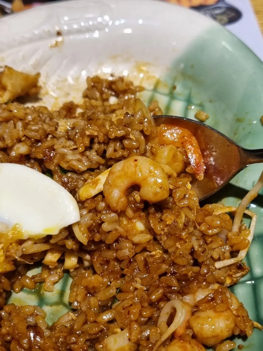 Close-up of nasi goreng packed with seafood