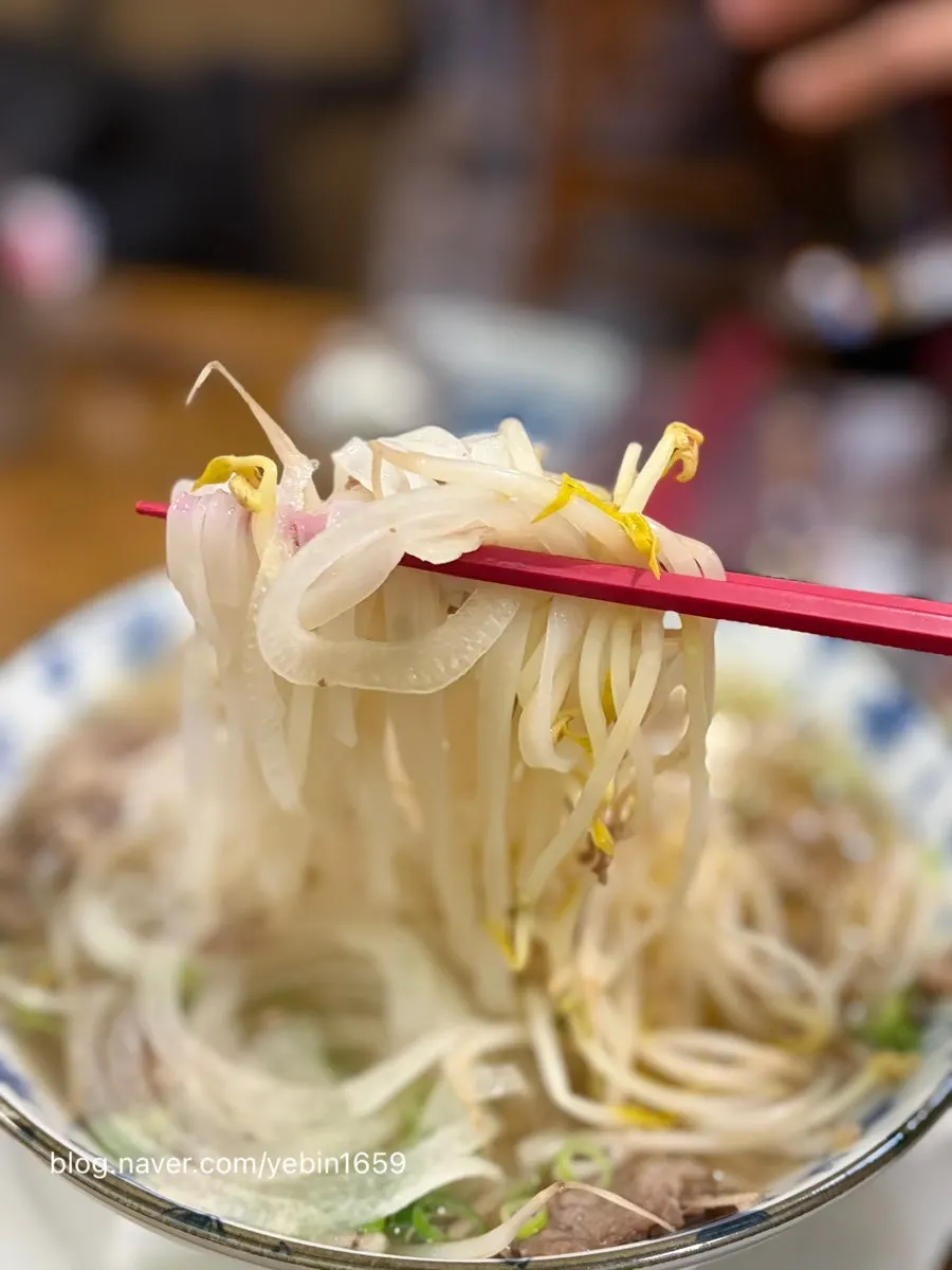 Close-up of pho with bean sprouts and scallion