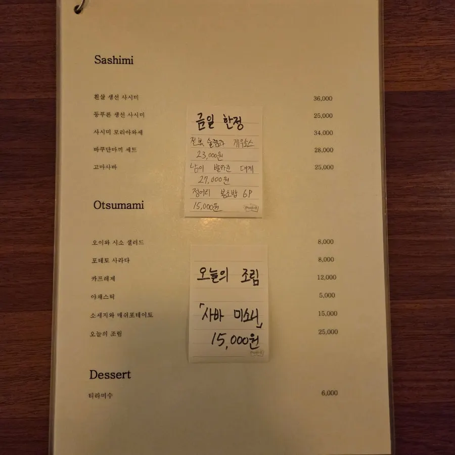 Sakai's menu with today's available sashimi marked