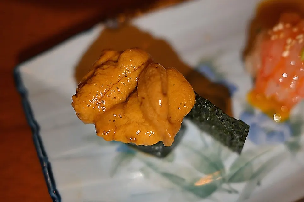 Sea urchin nigiri topped with a generous portion of uni