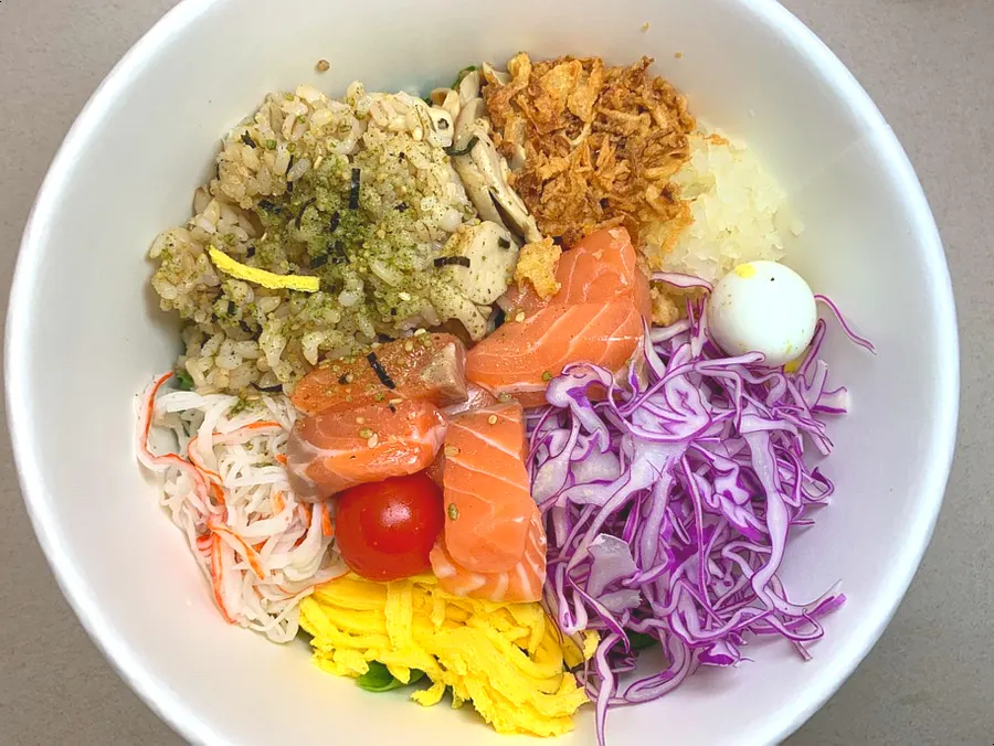 Full view of the real raw salmon bibim poke