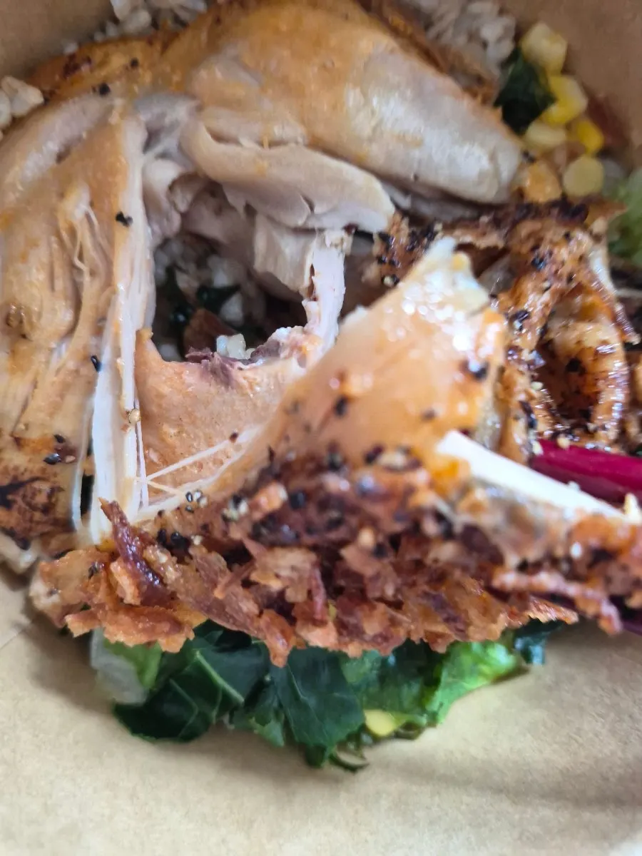 Close-up of the rose sauce and onion rice bowl