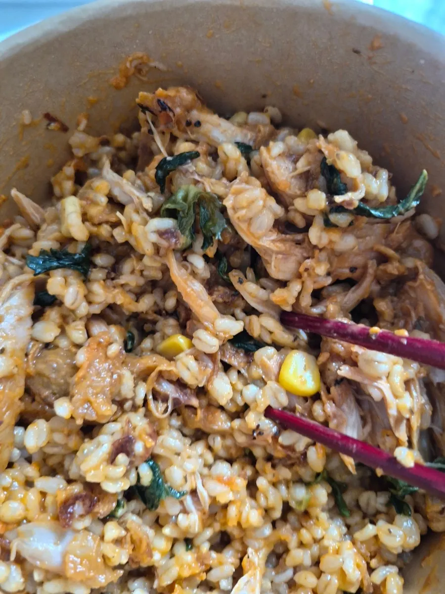 Rice bowl and pasta enjoyed together at home