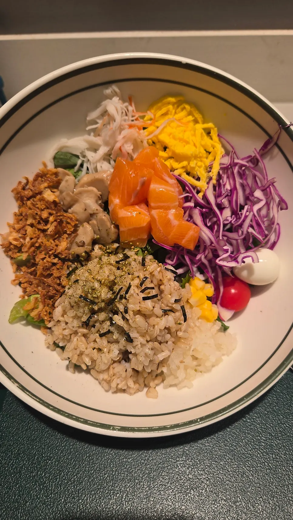 Brown rice and barley with furikake and salmon cubes