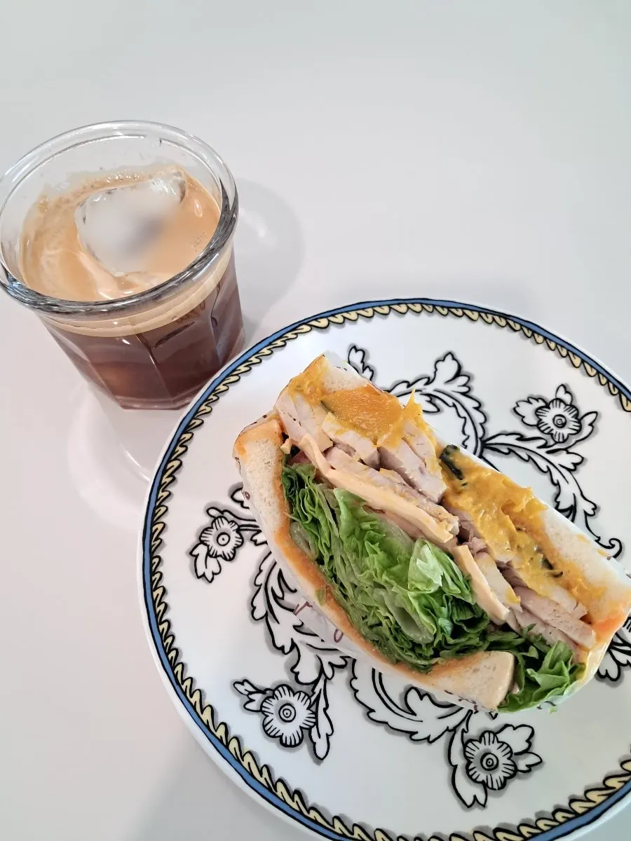 Sweet pumpkin chicken breast sandwich breakfast served with coffee
