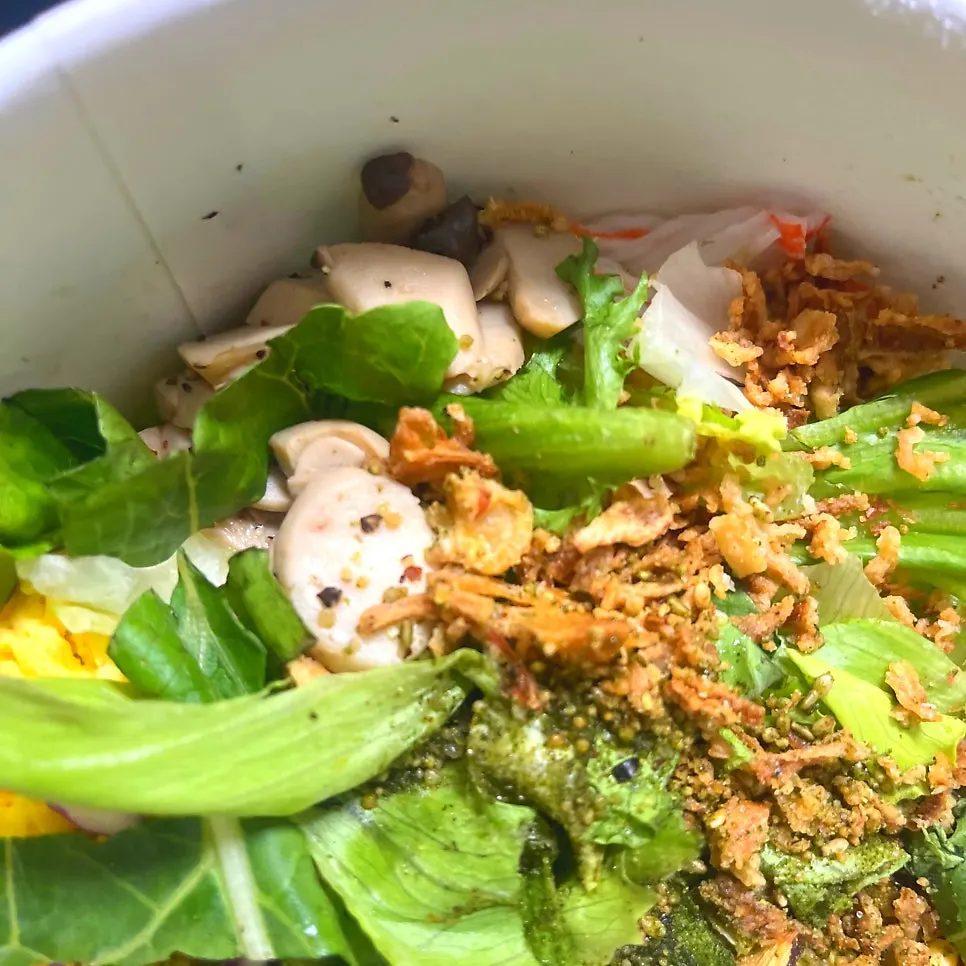 Plain bibim poke filled with green mix vegetables
