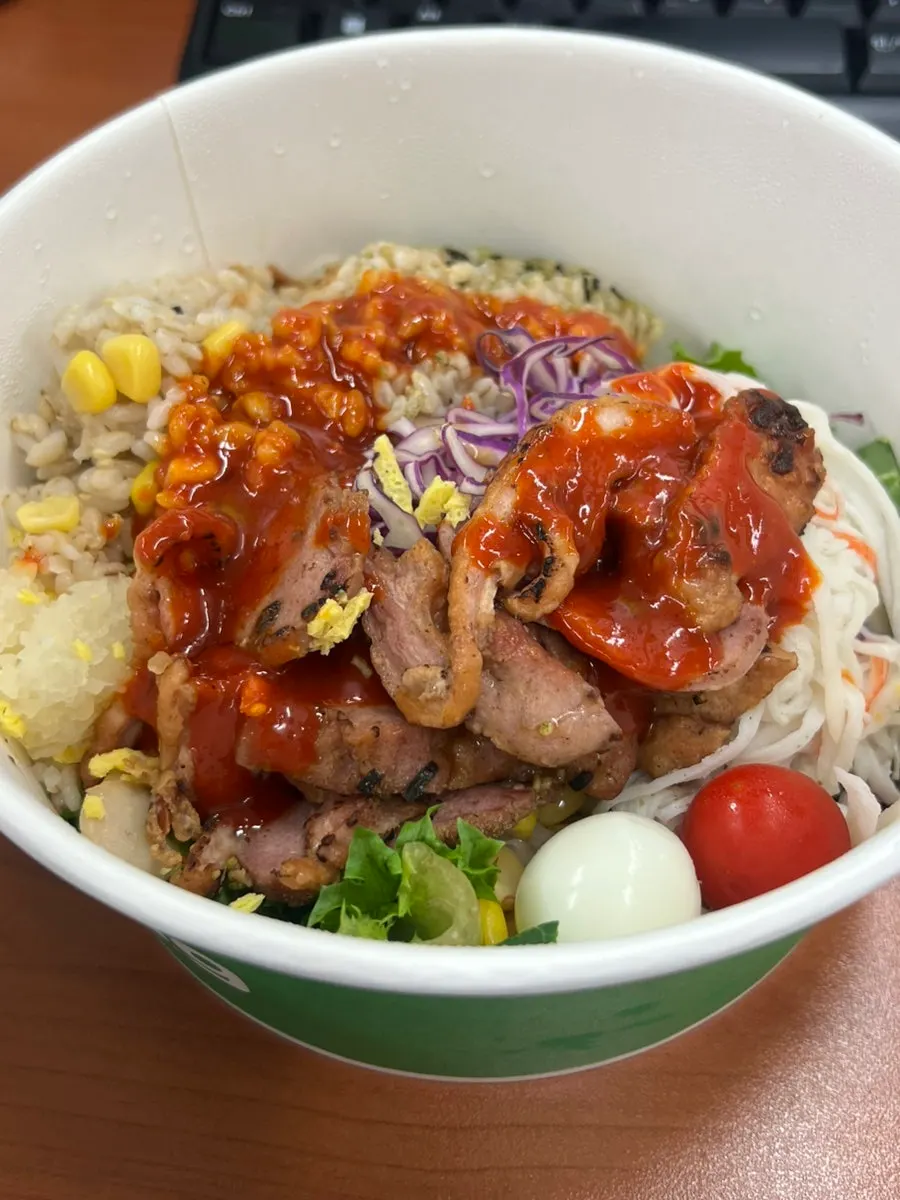 Poke with reheated brown rice added back in