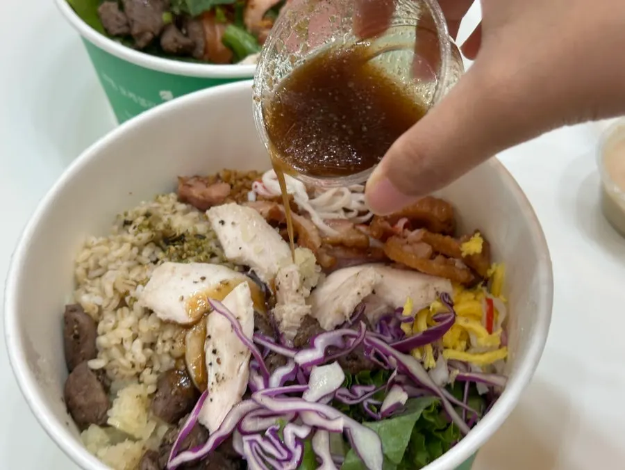 Poke bowl with added duck meat and chicken breast
