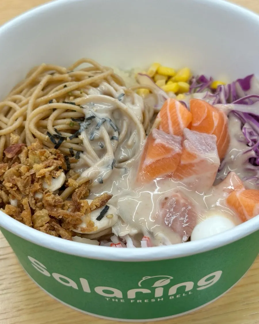 Real raw salmon bibim poke topped with mentaiko wasabi mayo