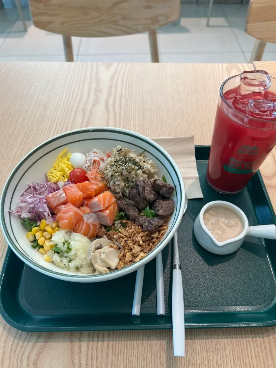 Bowl of salmon poke on the table