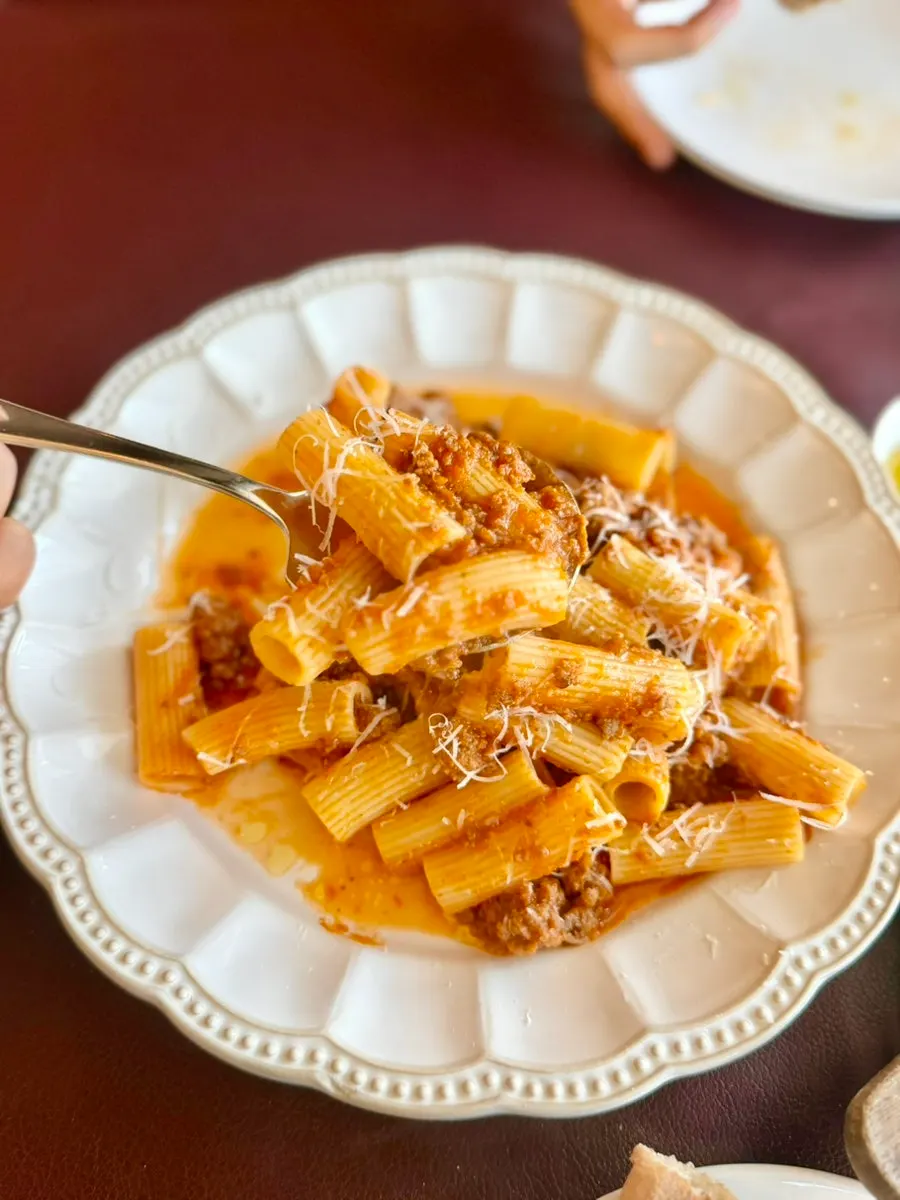 Close-up of ragu sauce pasta full of minced meat