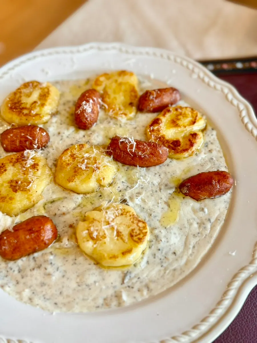 Close-up of two types of gnocchi