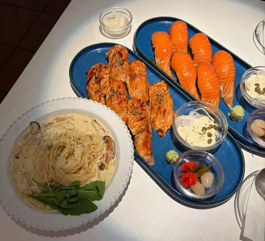 Salmon Brothers salmon sushi and pasta spread