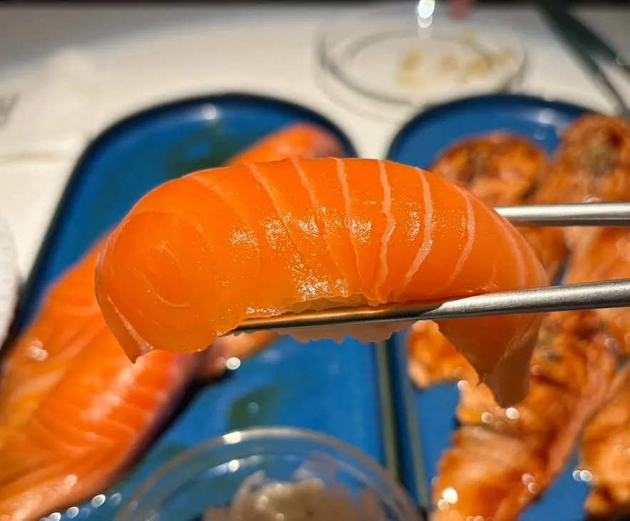 Close-up shot of glistening giant salmon sushi
