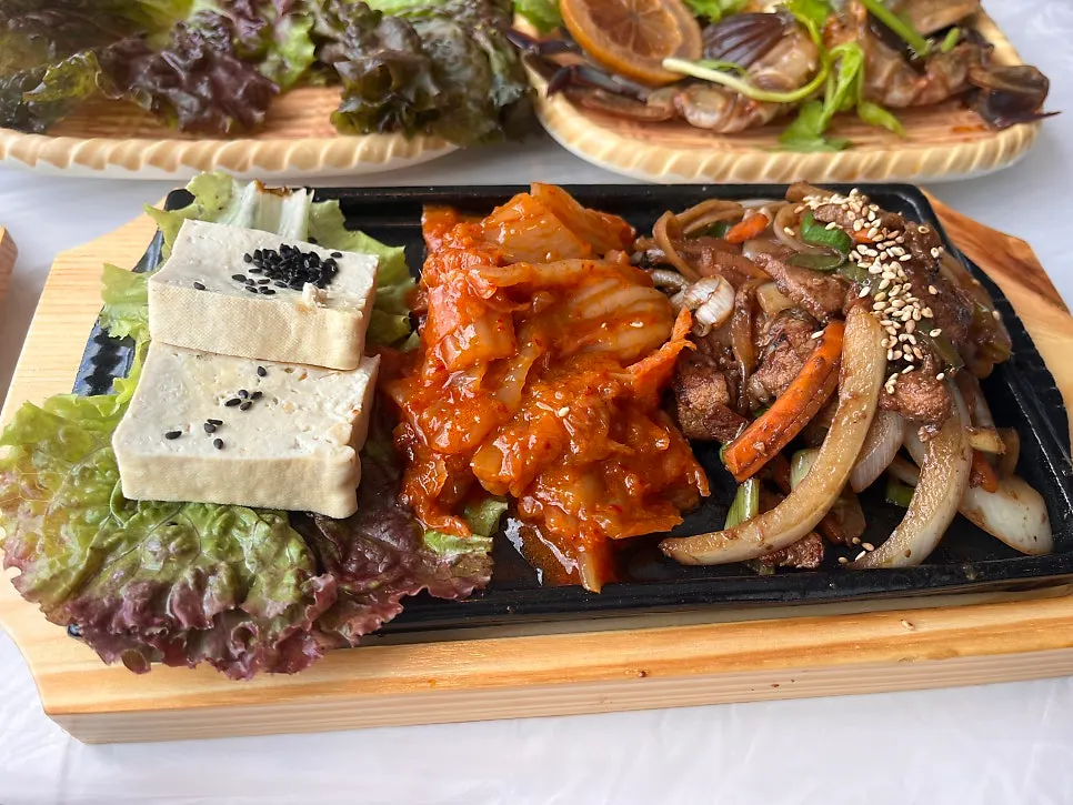 A plate of jeyuk bokkeum (spicy stir-fried pork)