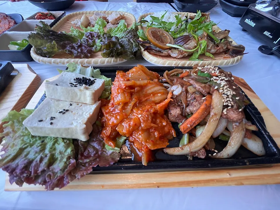 Full spread served with stir-fried kimchi