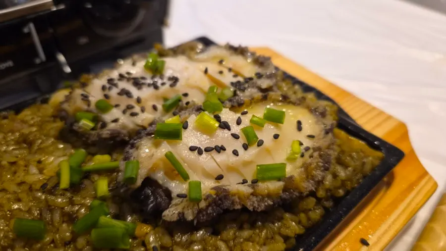 Close-up of the abalone liver butter fried rice