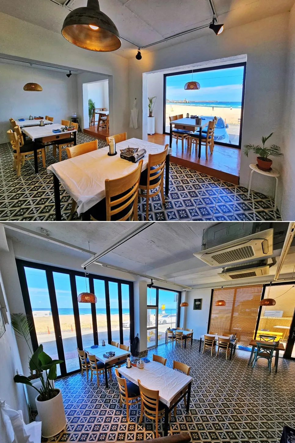 Two-story interior of Samcheok Bomulseom with window seat ocean view