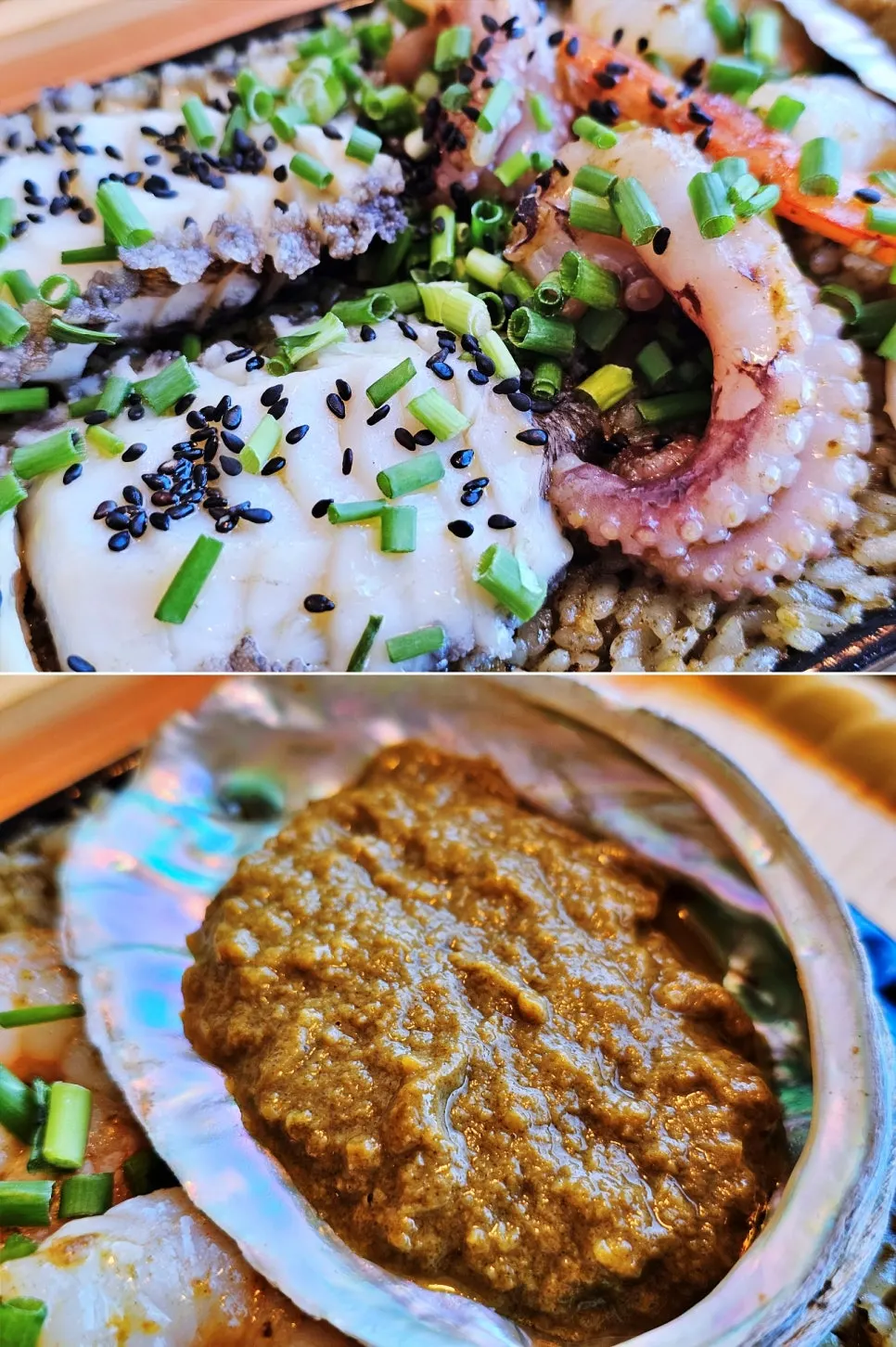Abalone innards fried rice topped with abalone, baby octopus, and shrimp