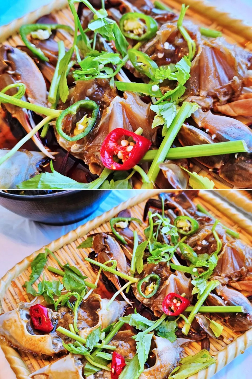 Soy crab shell full of roe with a bowl of rice