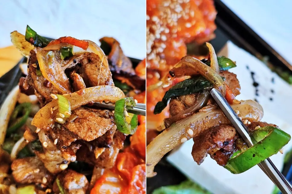 A plate of soy garlic pork stir-fry and tofu kimchi