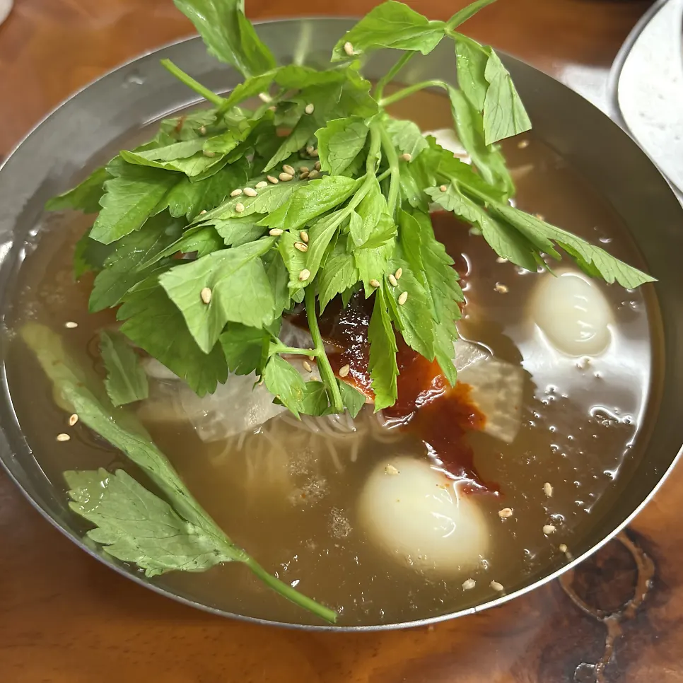 A bowl of water bibim naengmyeon topped with minari