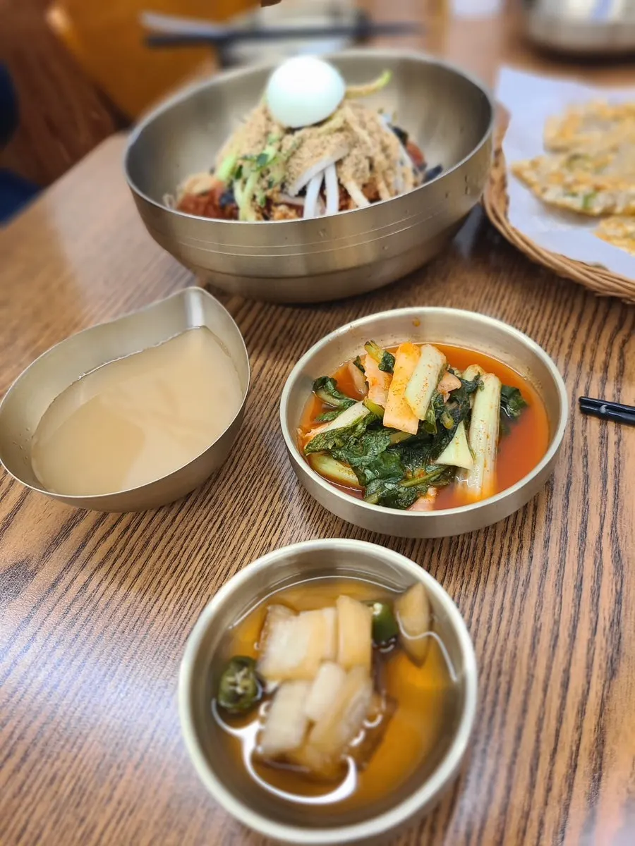 Close-up of the bibim makguksu toppings
