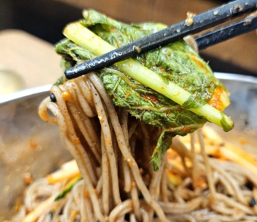 Chopsticks lifting a strand of bibim makguksu noodles