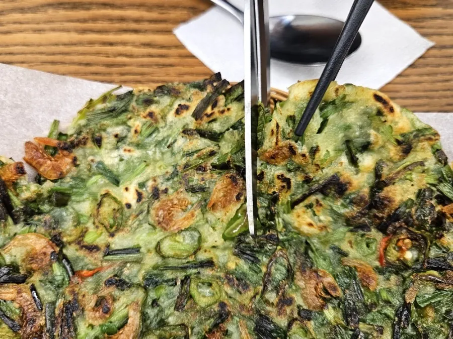 Close-up of buchujeon packed with chives