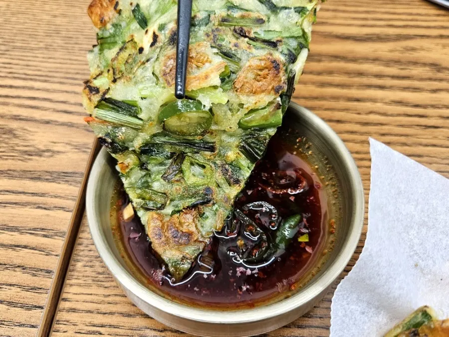 Cross-section of a cut piece of crispy buchujeon