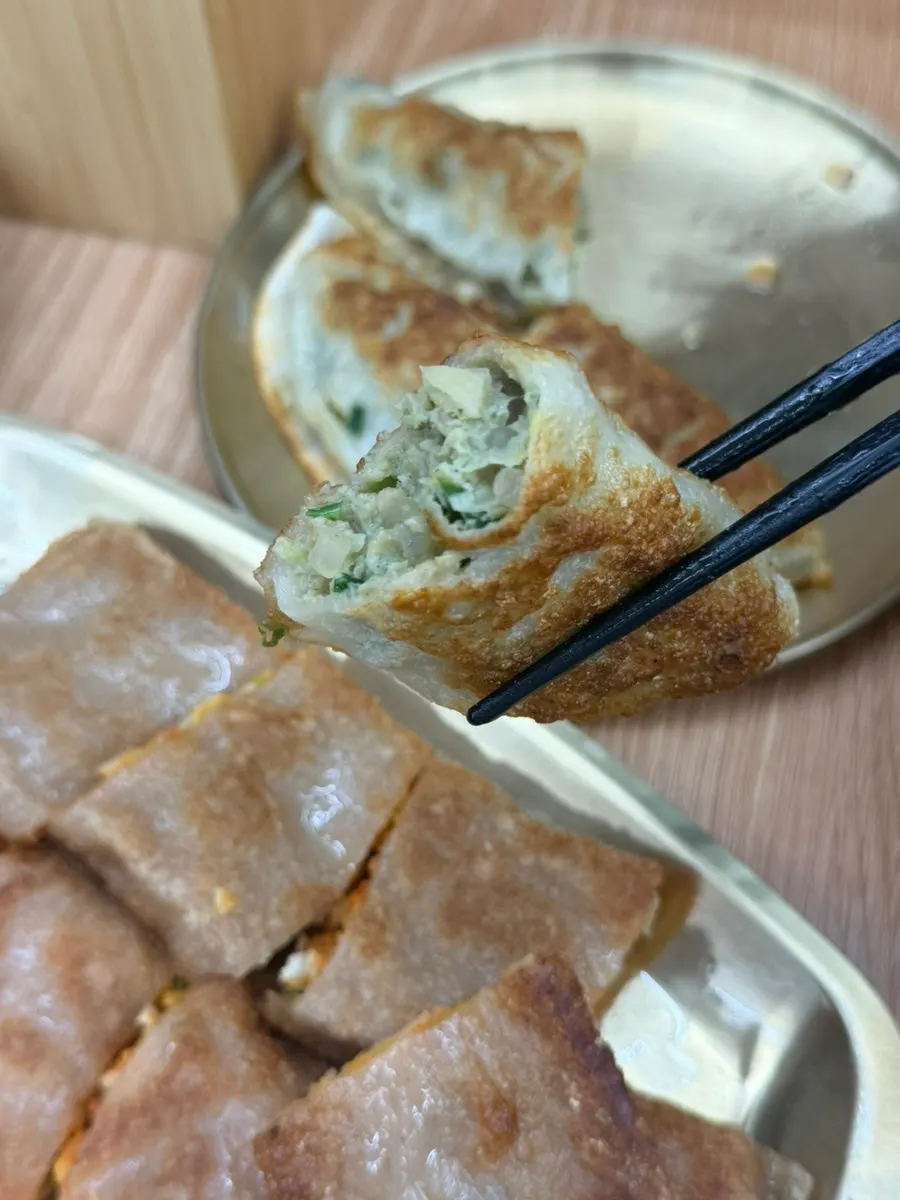 Buckwheat pancake sliced into bite-sized pieces
