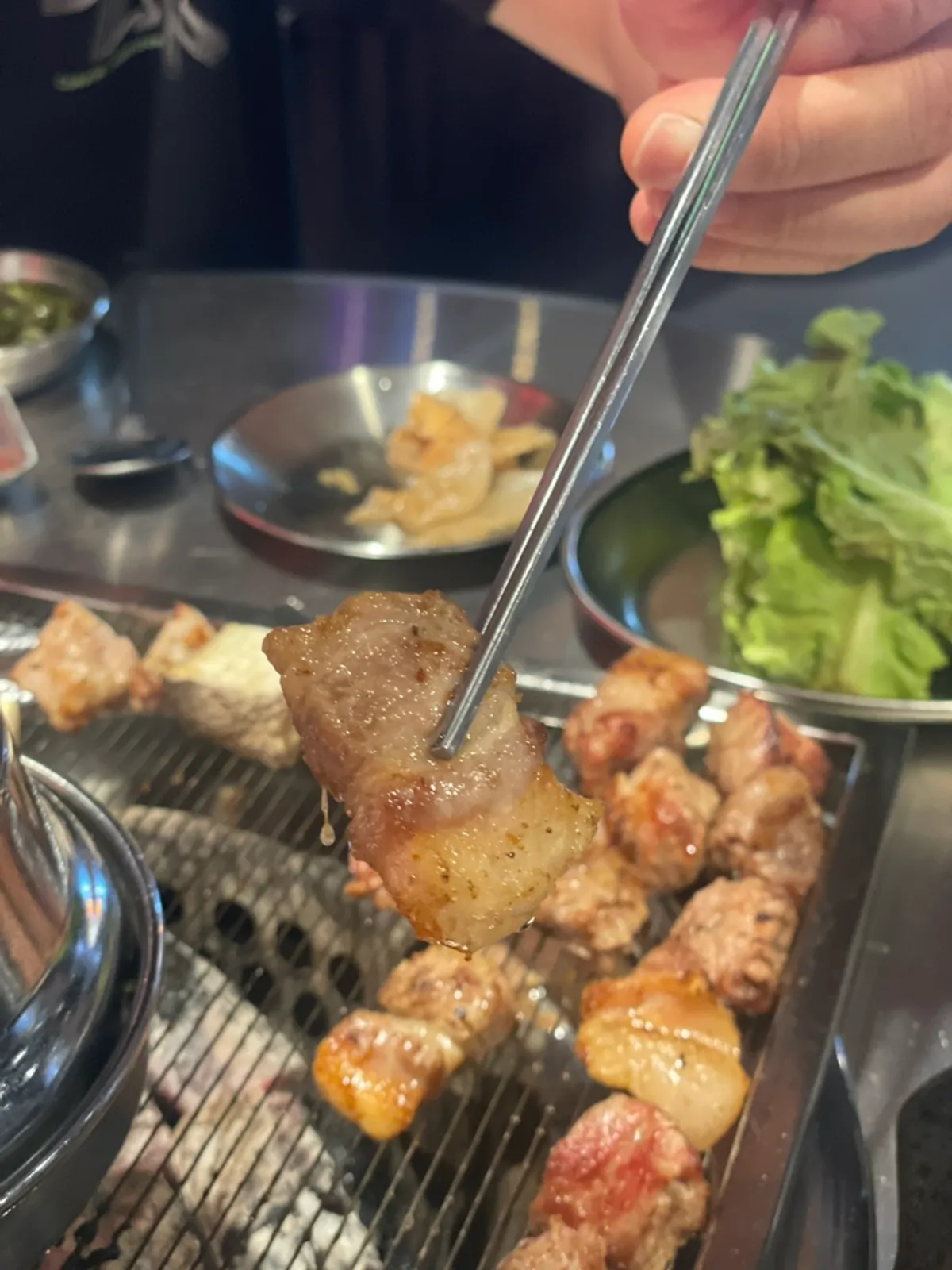 Grilled pork neck table setting at Sammokjip Gwangmyeong Sageori Station Branch