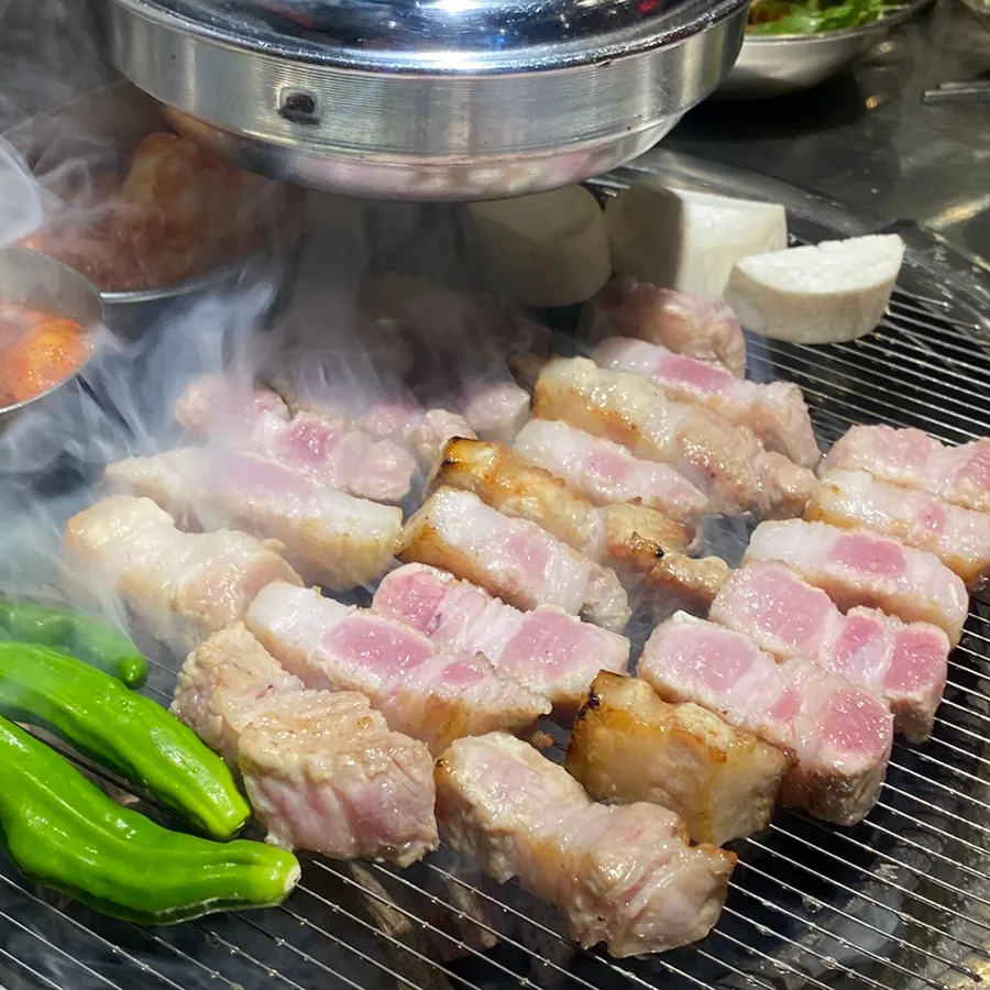 Close-up of the aged pork belly plate