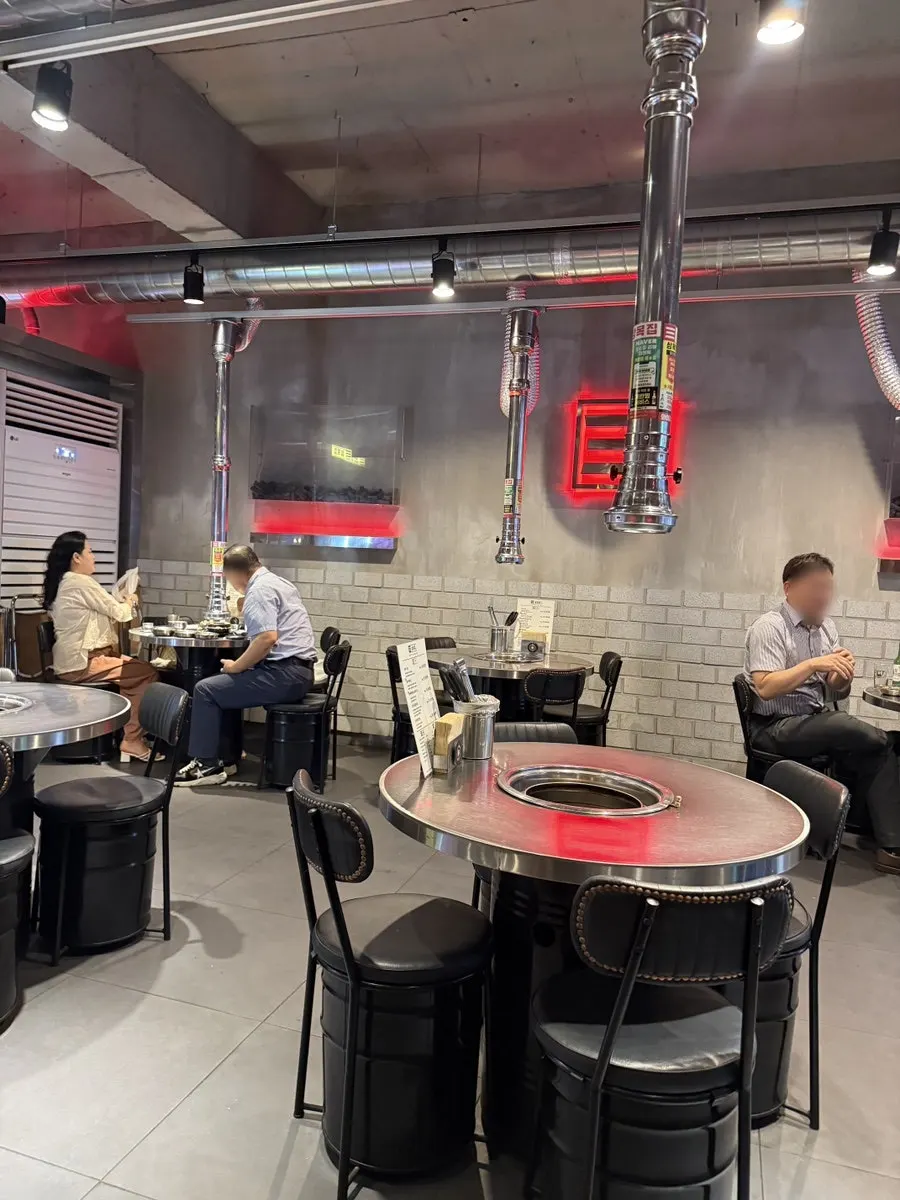 Interior with spaced-out round tables