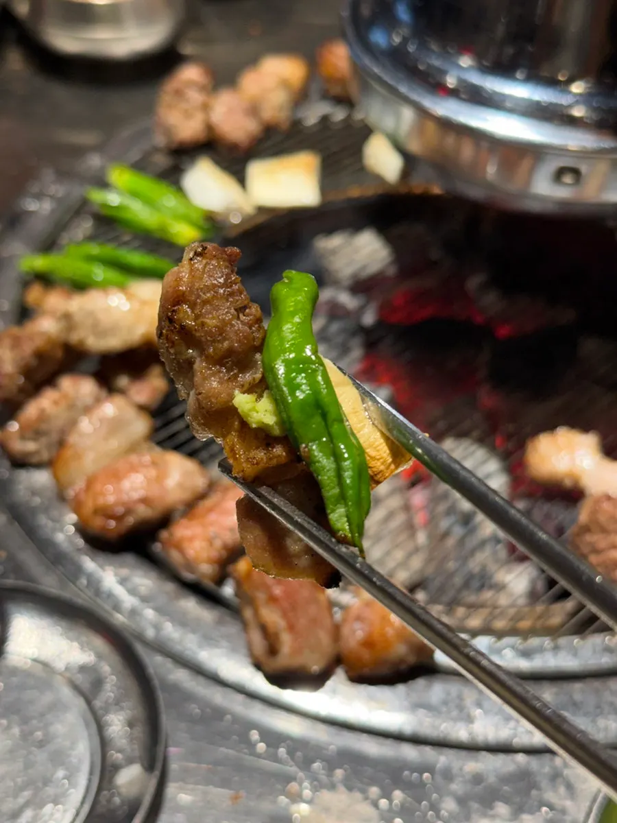 Shishito peppers and mushrooms grilled alongside the meat