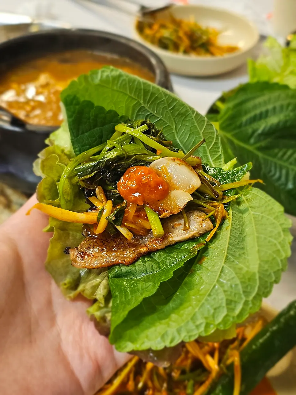 First simple wrap with pork belly and minari
