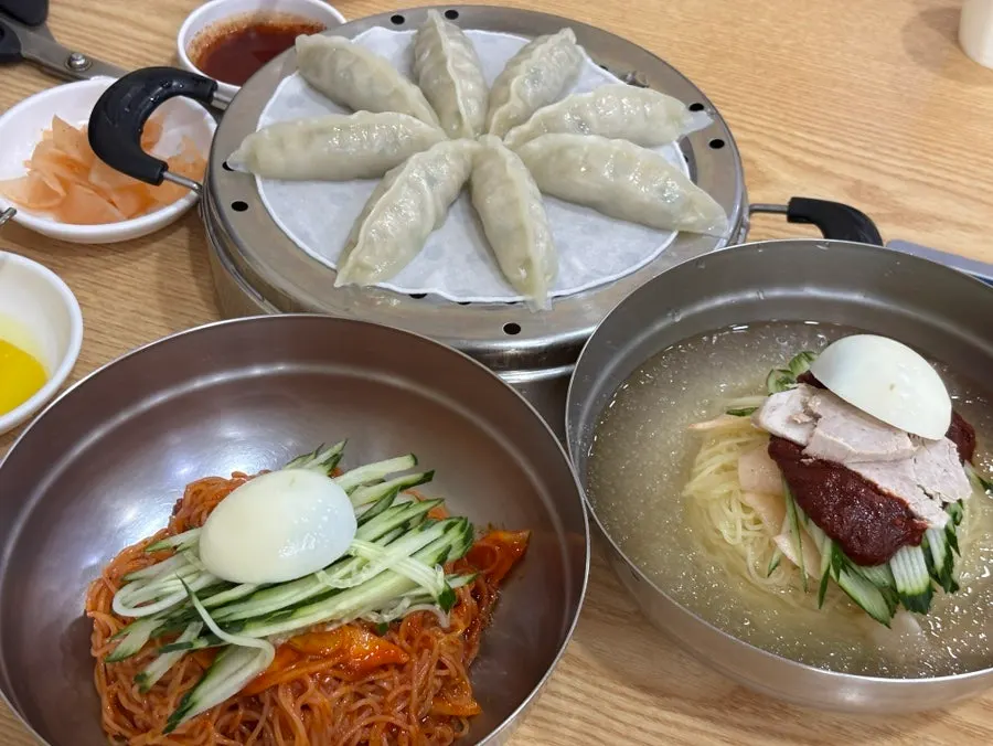 물밀면 비빔밀면 만두가 함께 차려진 상