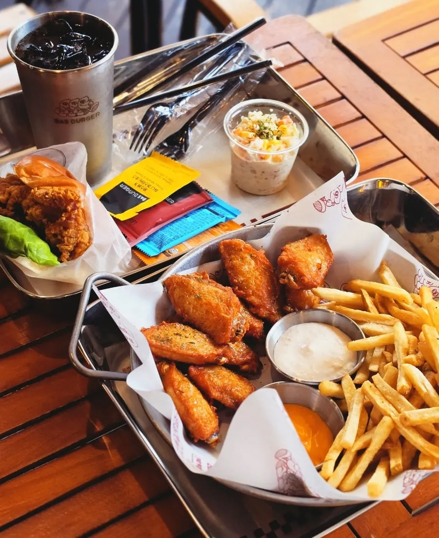 Chicken burger set and Buffalo wing platter