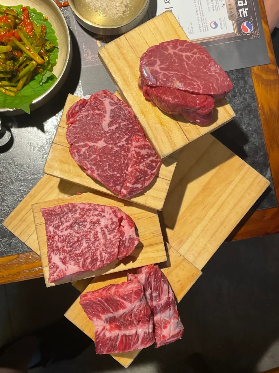 Four cuts: tenderloin, salchisal, top sirloin, and whole short rib